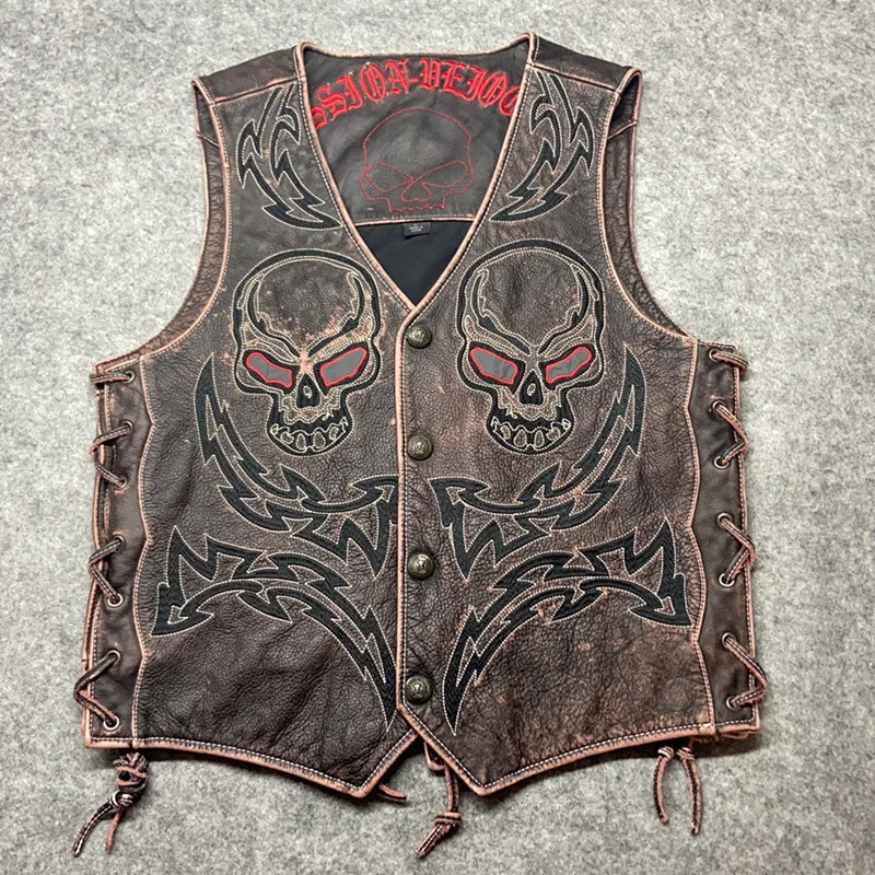 

Мужской винтажный жилет из воловьей кожи, толстый мотоциклетный жилет из натуральной кожи, локомотивы с вышивкой черепа