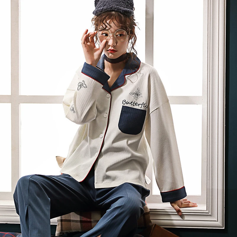 Пижама для женщин хлопковая Осенняя зимняя пижама с длинными рукавами женский