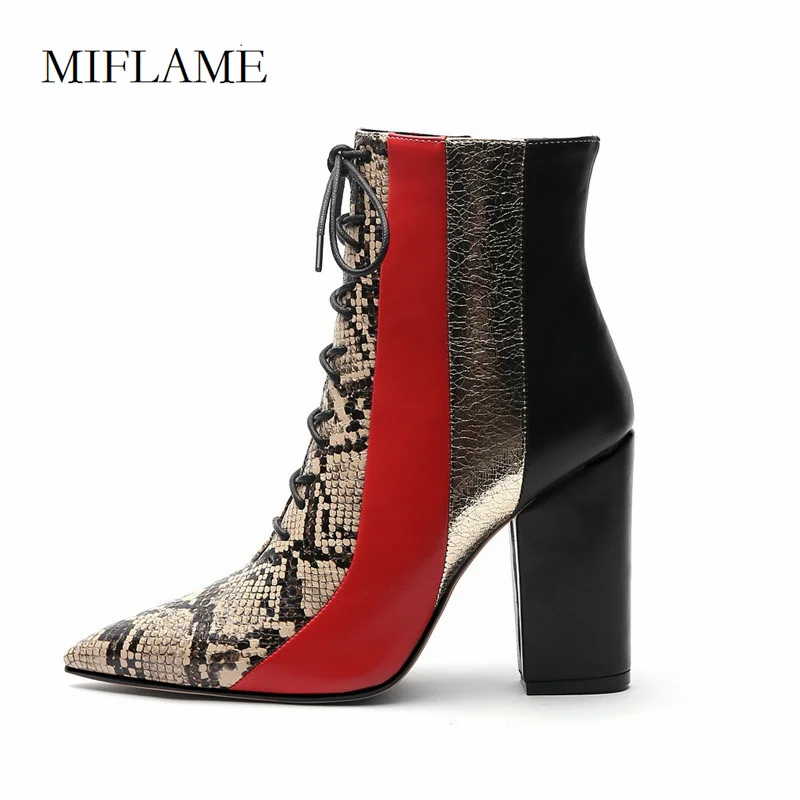 

2020 Mixed Colors Pointed Toe Boots Female Square Snakeskin Bling Leather Contrast Color Ankle Boots Winter Zipper Martin Boots