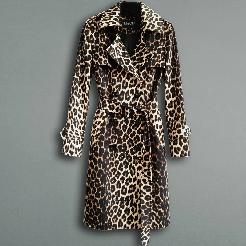 women Leopard print Trench Coat British Style Double-breasted windbreaker 2021 fashion slim plus size long coat clothes