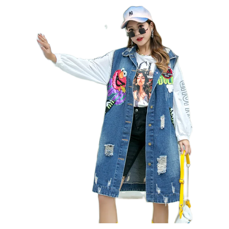 

QING MO Holes Cartoon Print Women Denim Vest Sleeveless Denim Jacket 2020 Autumn Fashion Loose Women Vest Coat Blue QYF135A