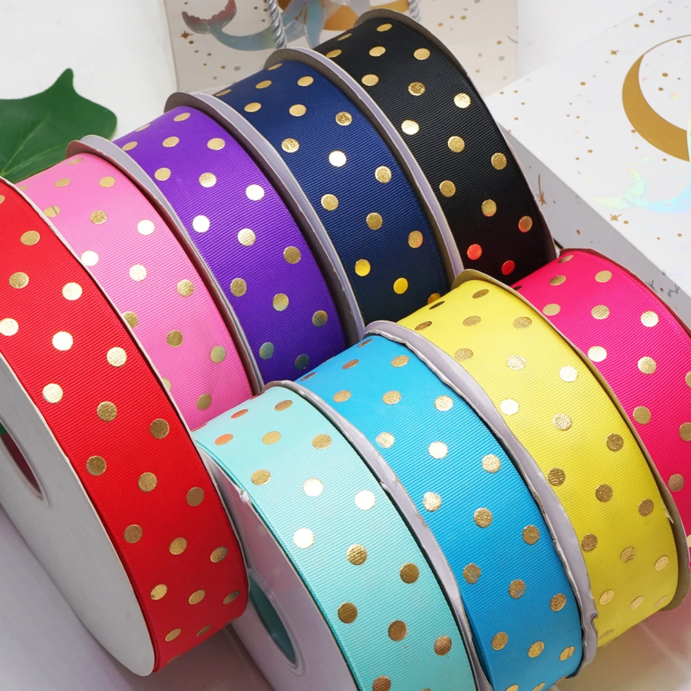 Бесплатная доставка 38 мм в горошек 50 ярдов золотистый лента рубчик с принтом из