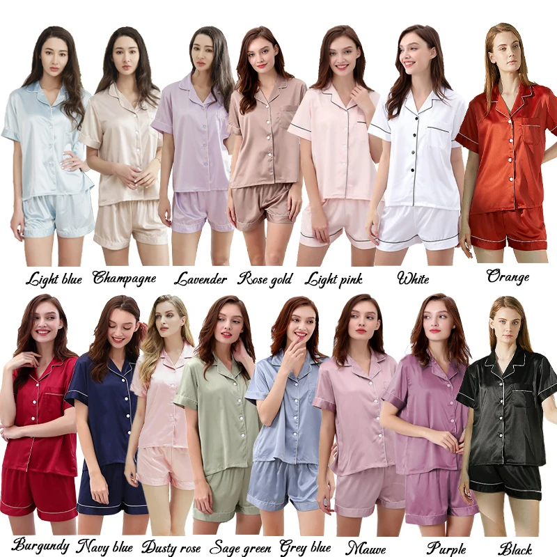 Pajamas Set Womens Ladies Satin Wedding Bridesmaid Bride Pyjama Set Wear Pajamas Short Sleeve Pjs Set Lavender