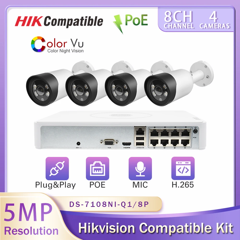 Совместимые с Hikvision комплекты DS-7108NI-Q1/8P 8CH 8POE NVR 5MP полноцветная IP цилиндрическая