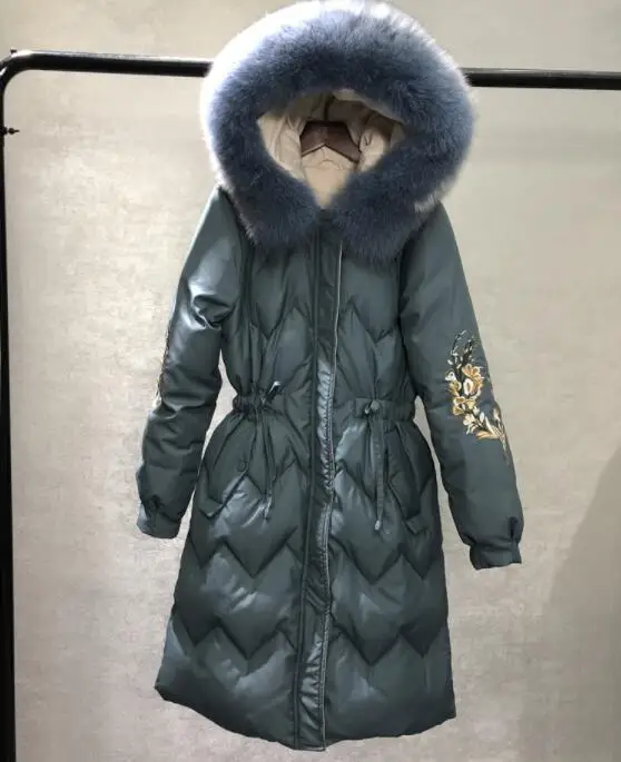 Smoky blue Пуховик с лисьим меховым воротником, Женское зимнее пальто,, с капюшоном, тонкая длинная парка на 90% белом утином пуху, пальто, теплая зимняя верхняя одежда с вышивкой - Цвет: Smoky blue