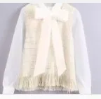 as pic LS4269BB Женская элегантная прозрачная органза Лоскутная твидовая шерстяная женская блузка с бантом по подолу с кисточками Blusas chic femininas Топы LS4269 - Цвет: as pic LS4269BB
