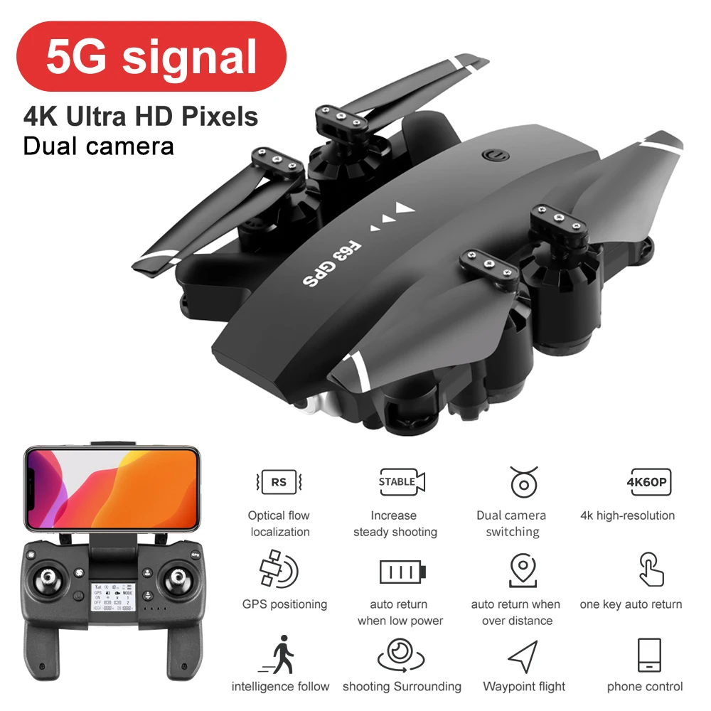 

F63 GPS Дрон с HD-камерой 4K 5G FPV Wifi Двойная камера HD 1080P Квадрокоптер широкоугольный вращающийся на 360 градусов Rc игрушки для детей