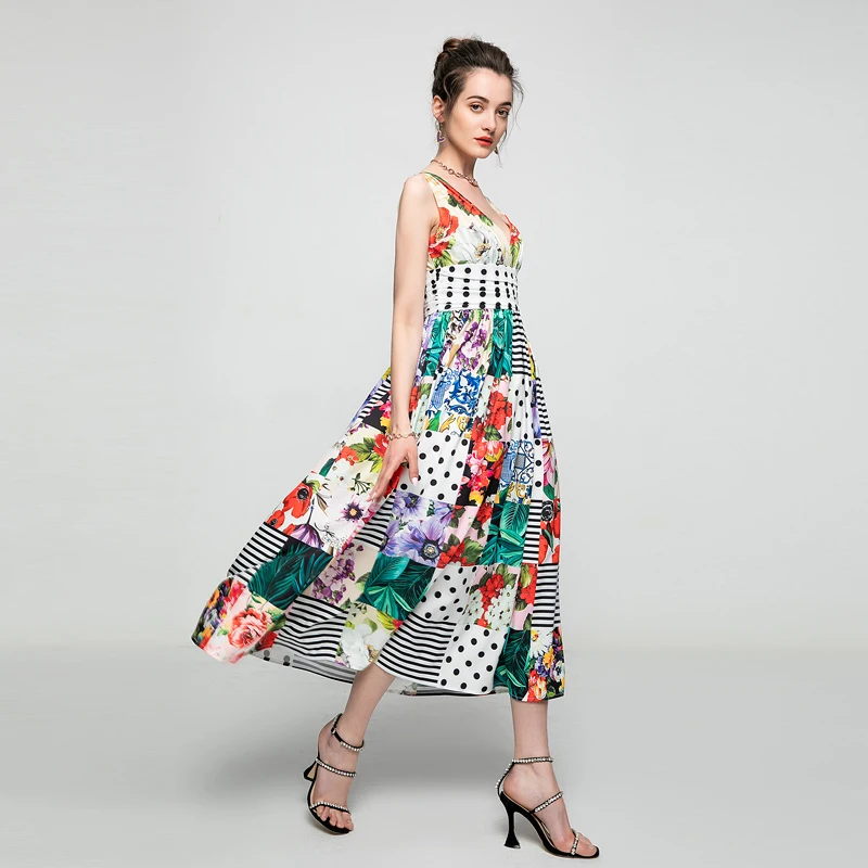 

Runway 2021 Summer New Fashion Holiday Women'S Party V-Neck Sexy Gorgeous Print Patchwork Sleeveless Long Dress