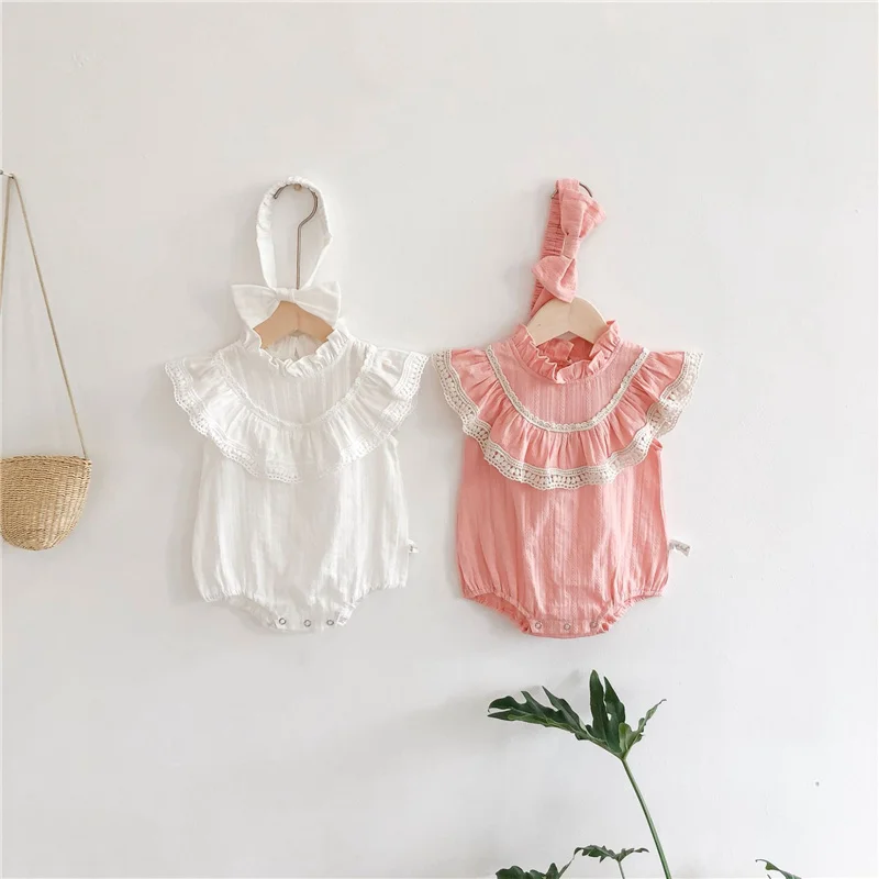 

Blotona Cute Newborn's Two Piece Set, Infant's Ruffled Round Neck Sleeveless Romper Matching Hair Band for Baby