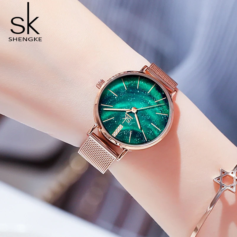 Shengke женские часы Звездный зеленый циферблат Reloj Mujer женские наручные часы ультра-тонкий ремешок из нержавеющей стали Кварцевые Montre Femme подарок
