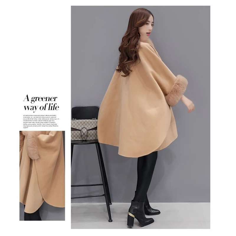 

Winter Womens Cloak Big Fur Collar Plus Size Wool Coat Long Winter Jackets Parka Coats Outerwear
