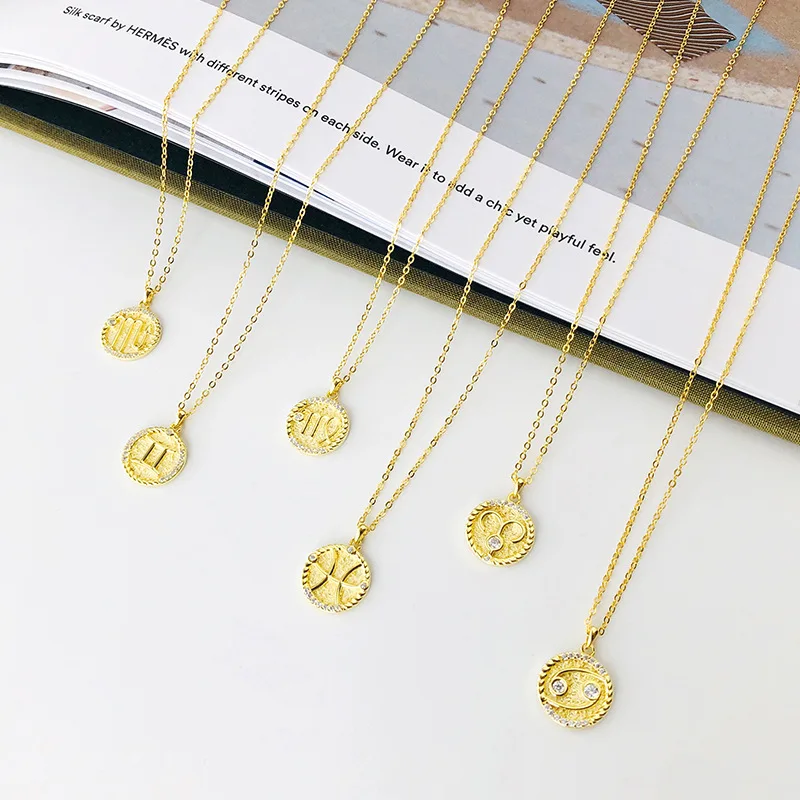 

Zircon 12 Zodiac Constellation Pendant Necklaces For Women Gold Color 12 Constellation Coins Necklaces Jewelry Girls Collier