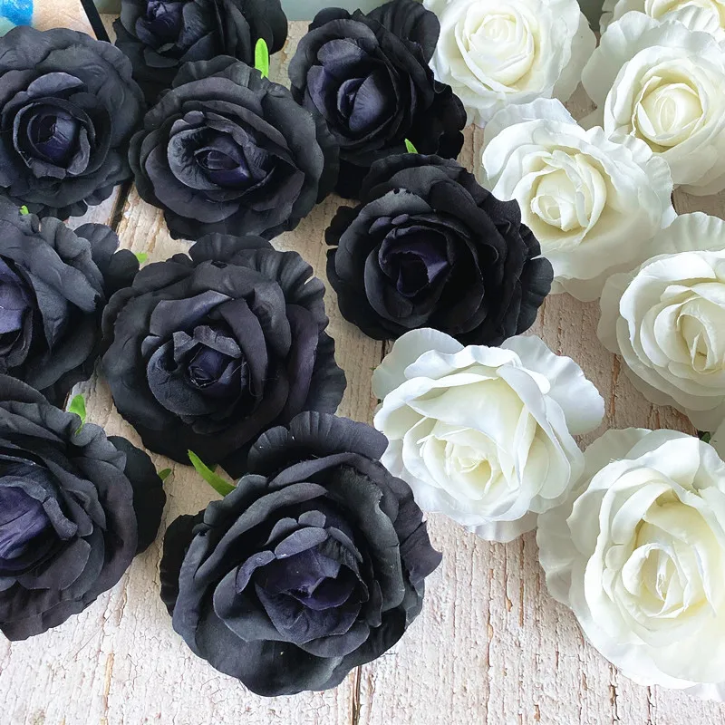 

5Pcs/lot very large black and white open roses flower heads artificial flower for wedding funeral decor silk flores