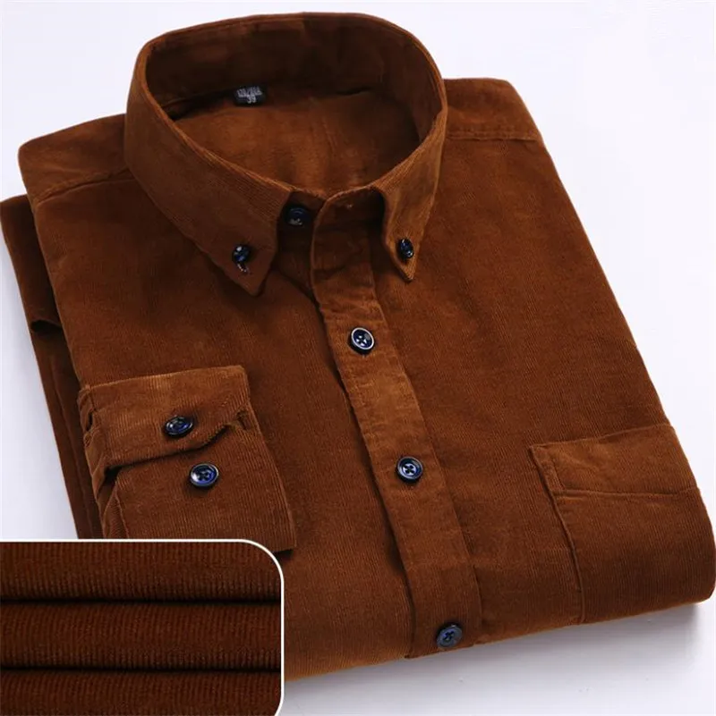 

Autumn Winter New Men Casual Shirts Solid Regular Cotton Corduroy Long Sleeved Warm Man's Shirt