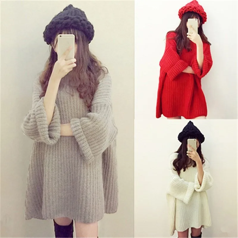 Women Autumn Winter Pullover sweater Solid Color Bat Sleeved Round Collar Loose Bottom Sweet femele clothes | Женская одежда