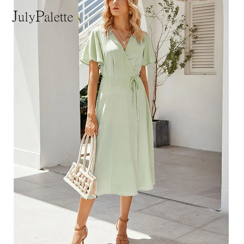 

Julypalette Elegant Lace-up Green Party Longdress Summer Woman's V-neck Highwaist Dresses Fashion Loose Short Sleeve Dresses