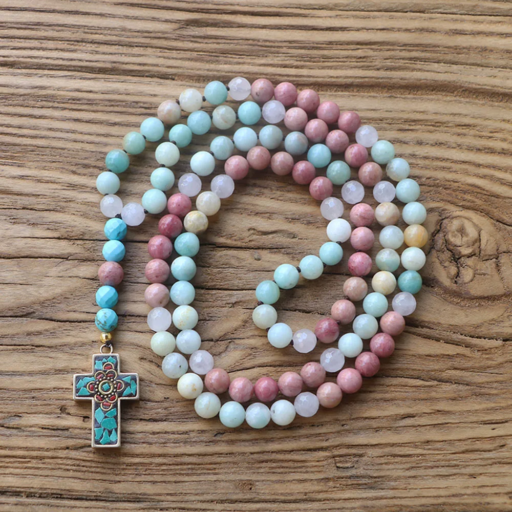 Ожерелье EDOTHALIA с камнем амазонита 8 мм, подвеска в виде Креста для женщин и девочек, ювелирные изделия в непальском стиле