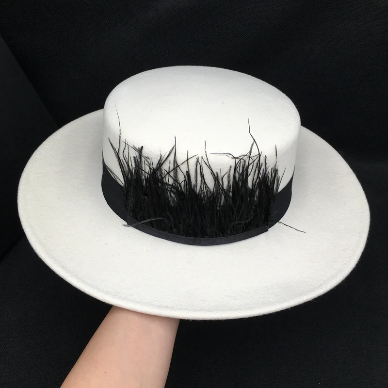 

new winter fashion contracted white wool hat with black feather decoration flat wide brim felt fedora