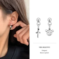 new hot cute mini bear cross asymmetric silver needle earrings female small hip hop earrings titanium steel party earrings