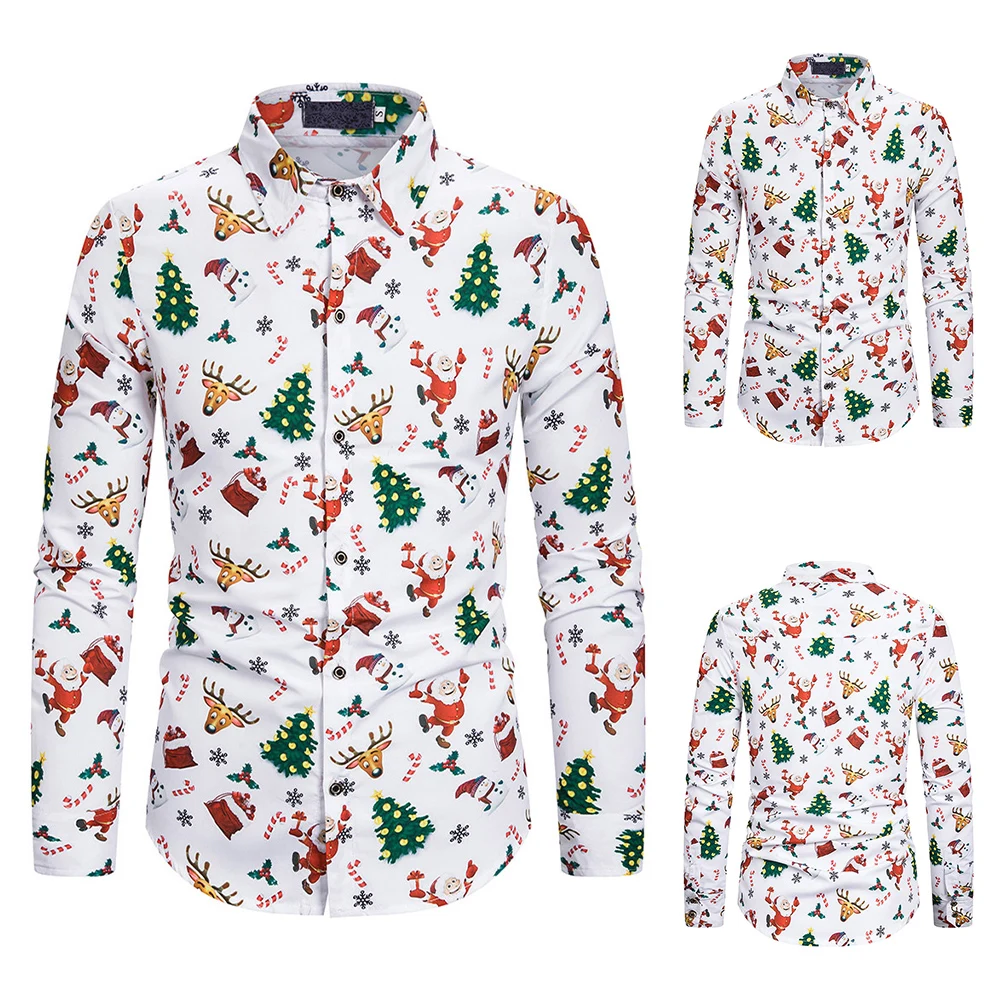 

Men's Christmas T-shirt Print Shirt Long Sleeve Festival Shirt Button Male Christmas Tops Turn-down Collar Casual Shirt Santa