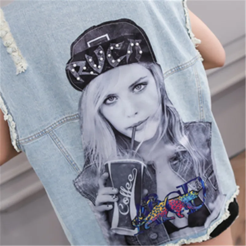 

Washed Denim Vest Women Sleeveless Jacket Fashion Hole Print Jeans Vest Short Coat Female Loose Plus size Vests Denim Jacket