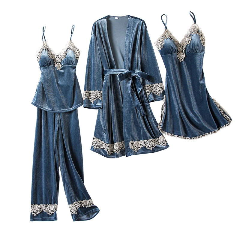 Женственная Дамская обувь велюровое кимоно пижамы наборы с v образным вырезом