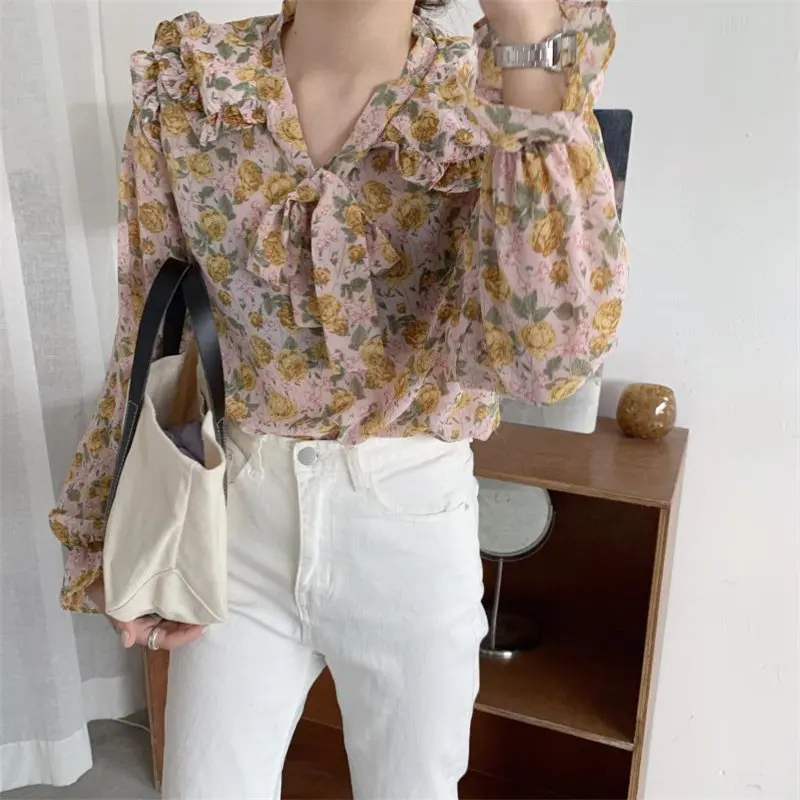 Alien Kitty Korean Women's Sweet Bow Lapel Printed Chiffon Chic 2021 All Match Elegance Florals Office Lady Streetwear Shirts | Женская