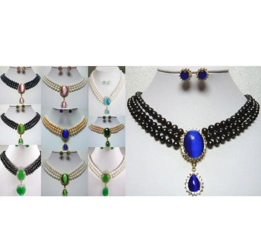 Бесплатная доставка 3 ряда белый/розовый/черный жемчуг и нефрит/колье с опаловой