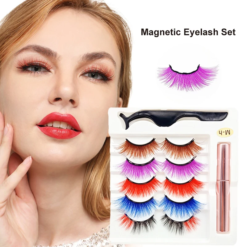 

NEW 5 pairs 5 Magnets Magnetic Colored lashes False Eyelashes magnetic eyeliner Faux Cils Natural Mink Eyelashes with Tweezers
