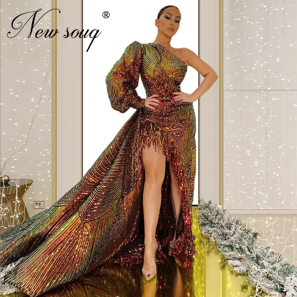 

Sparkly Split Silt Side Evening Party Gowns 2020 Vestidos Customize Formal Kaftans Dubai Prom Dresses Long Saudi Arabia Sequins