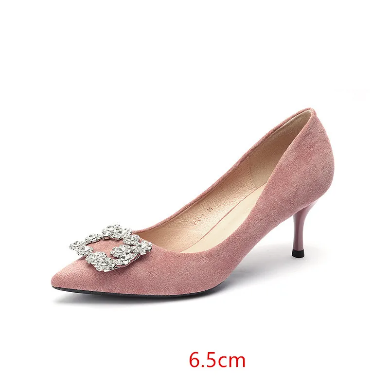 pink6.5cm Обувь; женская обувь на высоком каблуке осень каблучке на застежке Украшенные стразами Стразы туфли из флока с острым носком вечерние Свадебная обувь на каблуках женские туфли-лодочки 3,5/5/6,5 см на высоком каблуке - Цвет: pink6.5cm