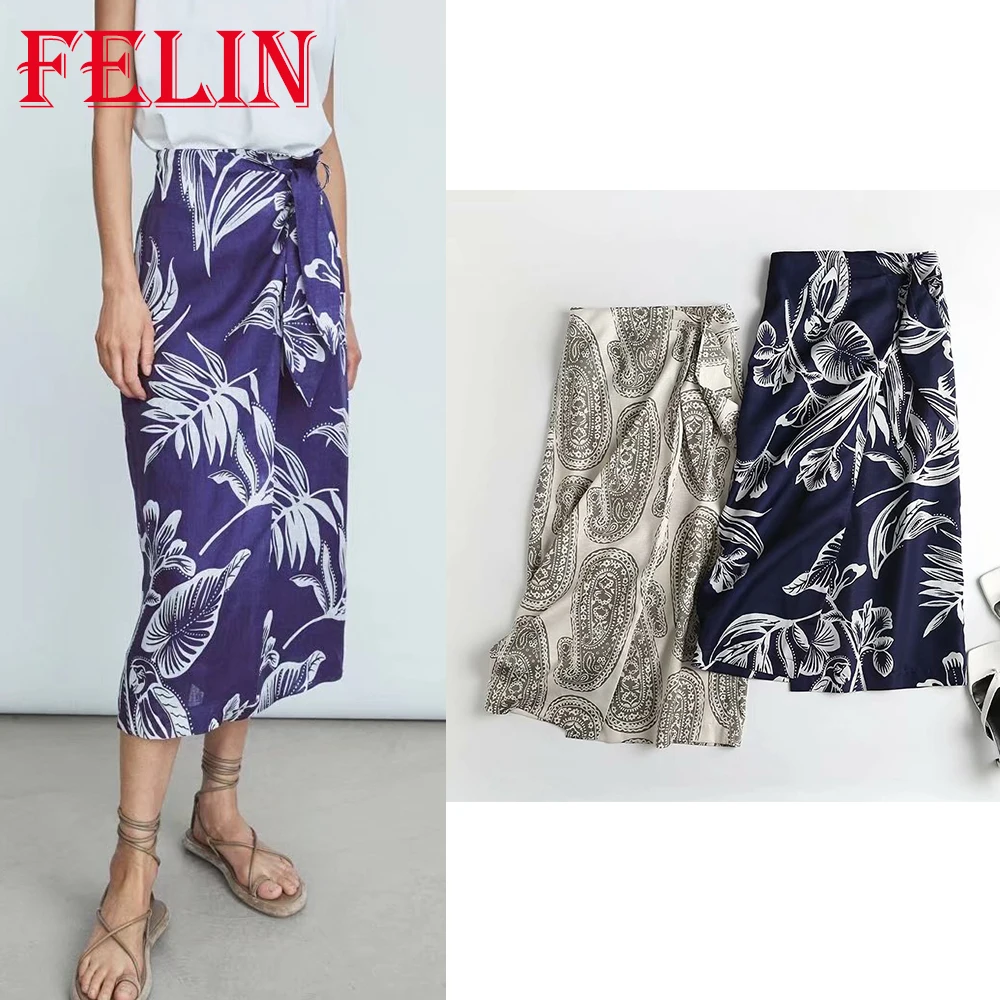 

Za 2021 Women Chic Vintage Geometric Print Women Skirts High Waist Bow Sashes Midi Women Skirts Elegant Mujer Faldas