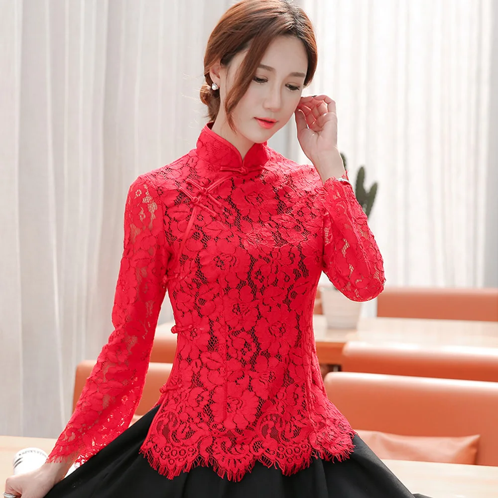Женская кружевная блузка Ципао с оборками элегантная китайская красного белого