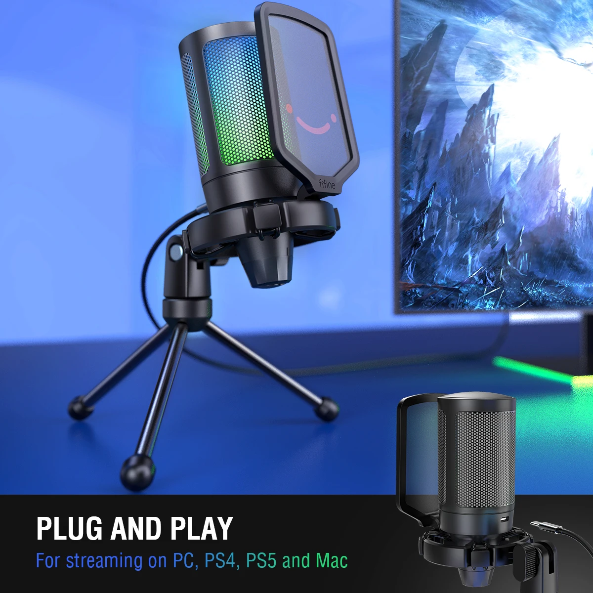 FIFINE USB конденсаторный игровой микрофон для ПК PS4 PS5 MAC с поп фильтром