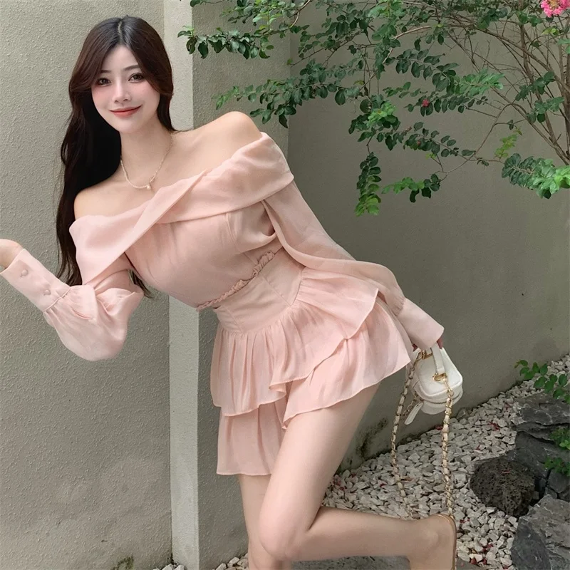 Sweet Girls Two Piece Sets Fashion Off Shoulder Shirts and Mini Puff Skirt Sets 2022 Spring New Pearl Pink Two Pieces Dress Sets