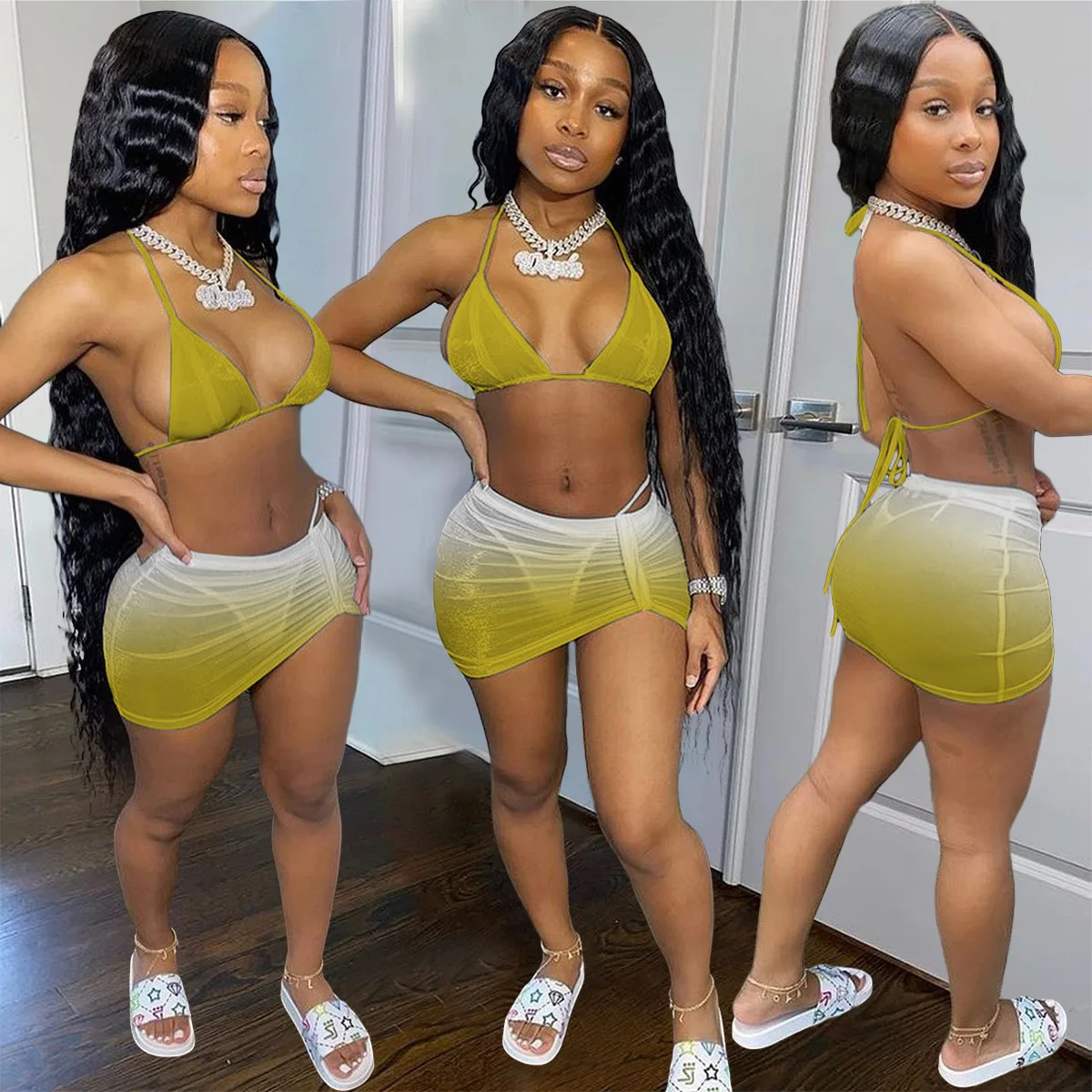 

Ladies Swimsuit Set Casual Sexy Beach Skirt Swimwear Three-piece Set Gradient Color Summer Bikini Set