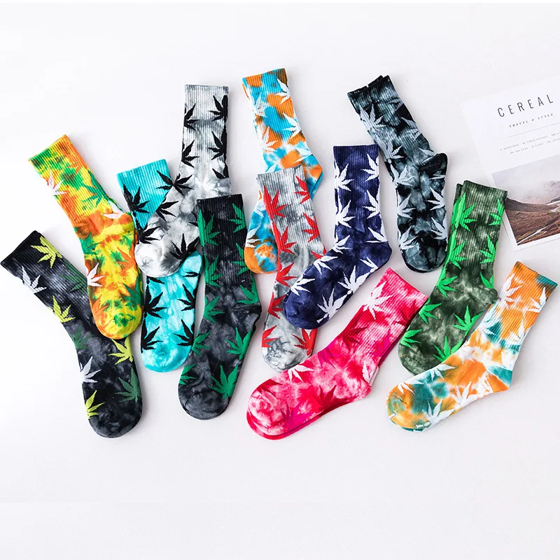 

Spring and Summer Tie-dye Maple Leaf Hemp Leaf Couple Trendy Socks European and American Street Style Harajuku Tube Socks