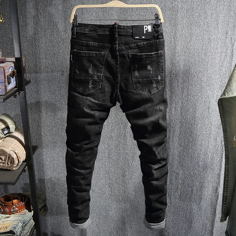 Korean Style Fashion Men Jeans Retro Black Elastic Slim Fit Ripped Jeans Men European Vintage Designer Casual Denim Pencil Pants