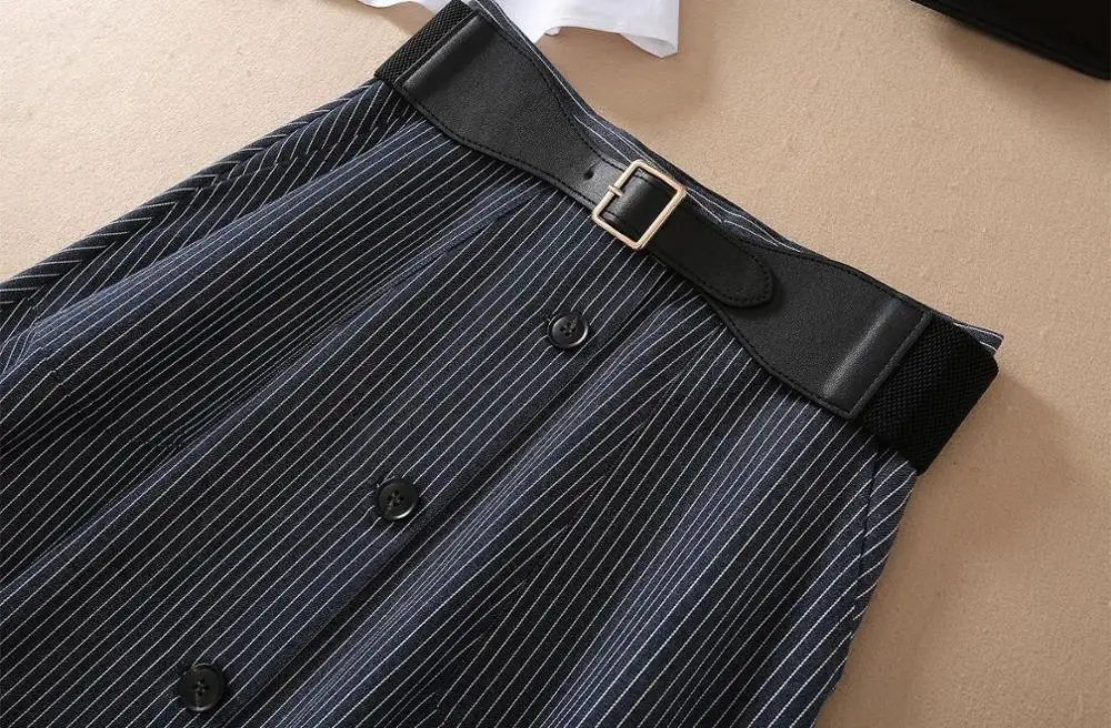 

European and American women's clothing 2021 The new spring Short sleeve shirt Striped single-breasted skirt Fashion suits