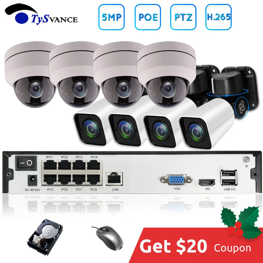 TySvance 8ch PTZ 5MP POE H.265 комплект системы 4X оптический зум CCTV безопасности 16ch NVR наружная крытая 2,8-12 мм ip-камера наблюдения
