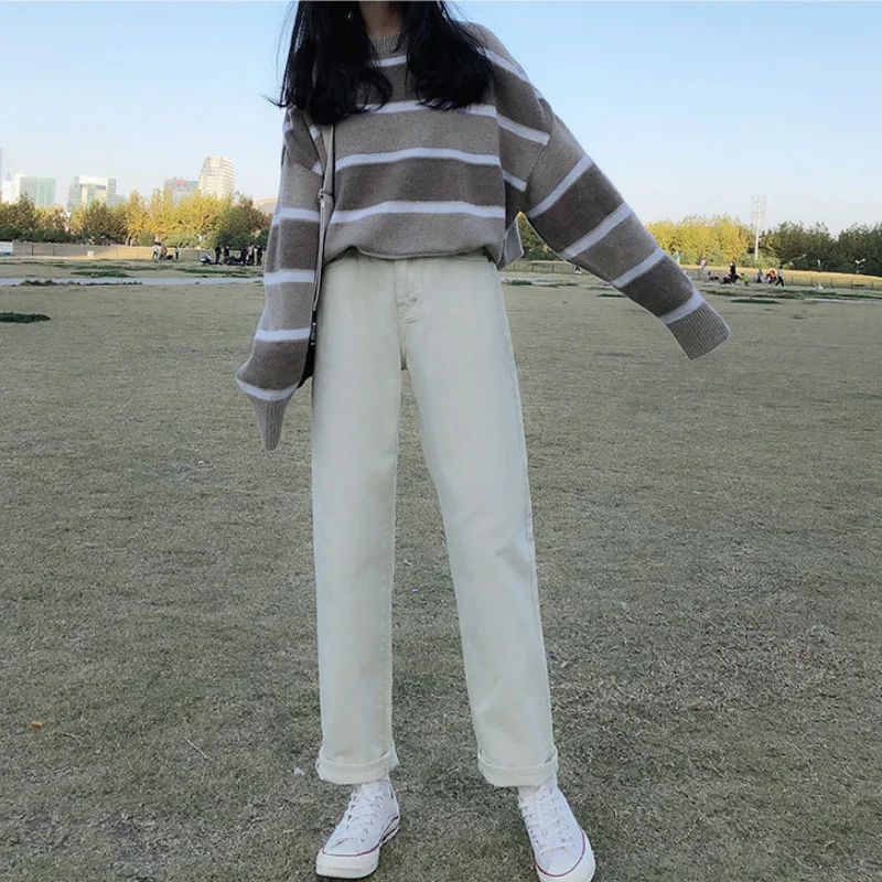 

2021 Winter Warm Retro Long Sleeve Sweater Loose Round Neck Thick Striped Pullover Loose Long Sleeve Sweater