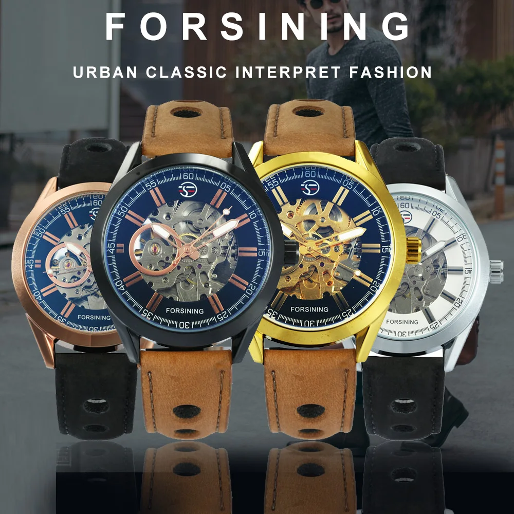 Мужские механические часы-скелетоны с ремешком из нубука и кожи | Наручные часы