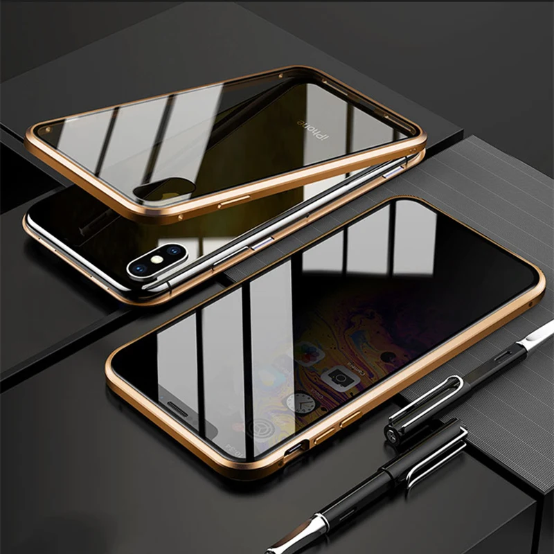 

Fashion Anti-Peeping Front Glass Magnetic adsorption Metal Case For iPhone XS Max XR XS X 7 8Plus Protection Privacy Magnet Case