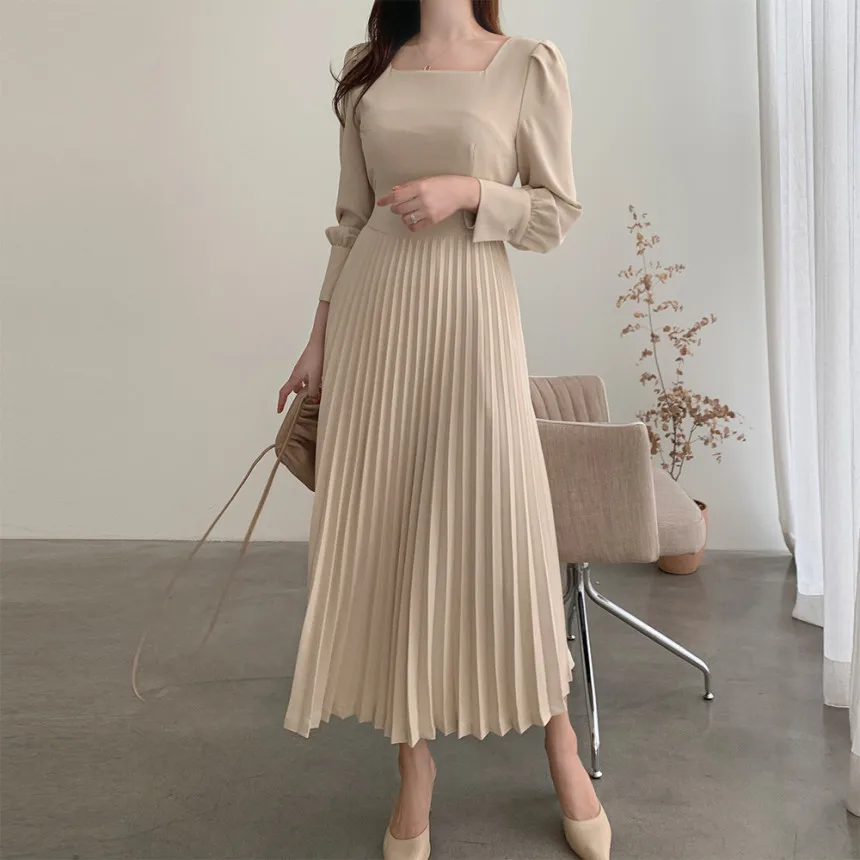 

Fall 2020 Chic Korean Style New Elegant Lady Waist-Tight Slimming Pleated Skirt French Elegant Long Dress