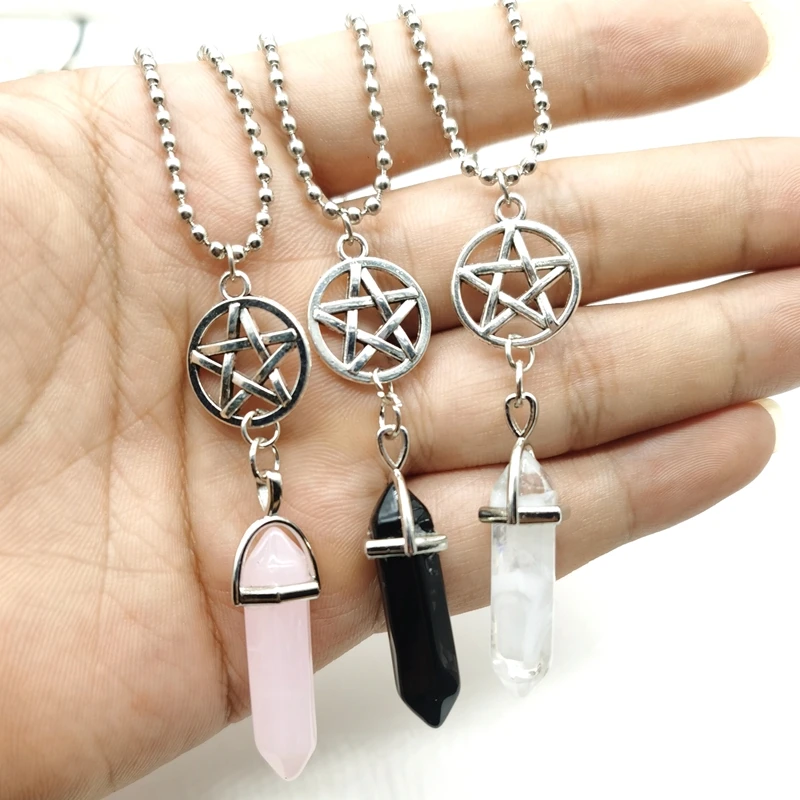 

Fashion Trend Crystals Five-pointed Star Necklace Bohemian Hexagon Opal Pendant Necklace Female Hexagon Crystal Necklace 2020