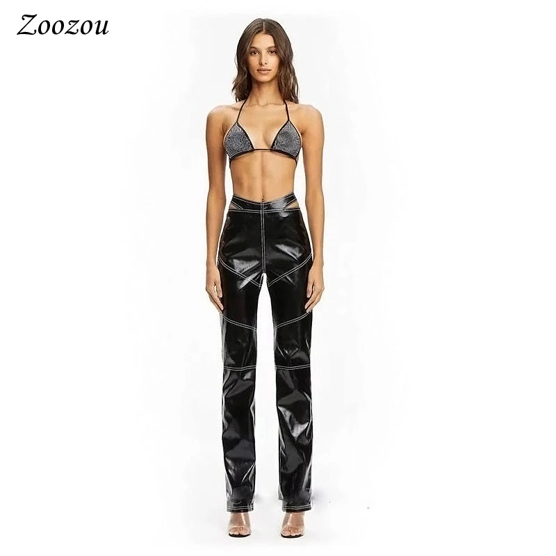 Ins Waist Hollow Out PU Leather Straight Pants Women Autumn Winter Warm Soft Loose Trouser Ladies Casual Slim Faux Leather Pants