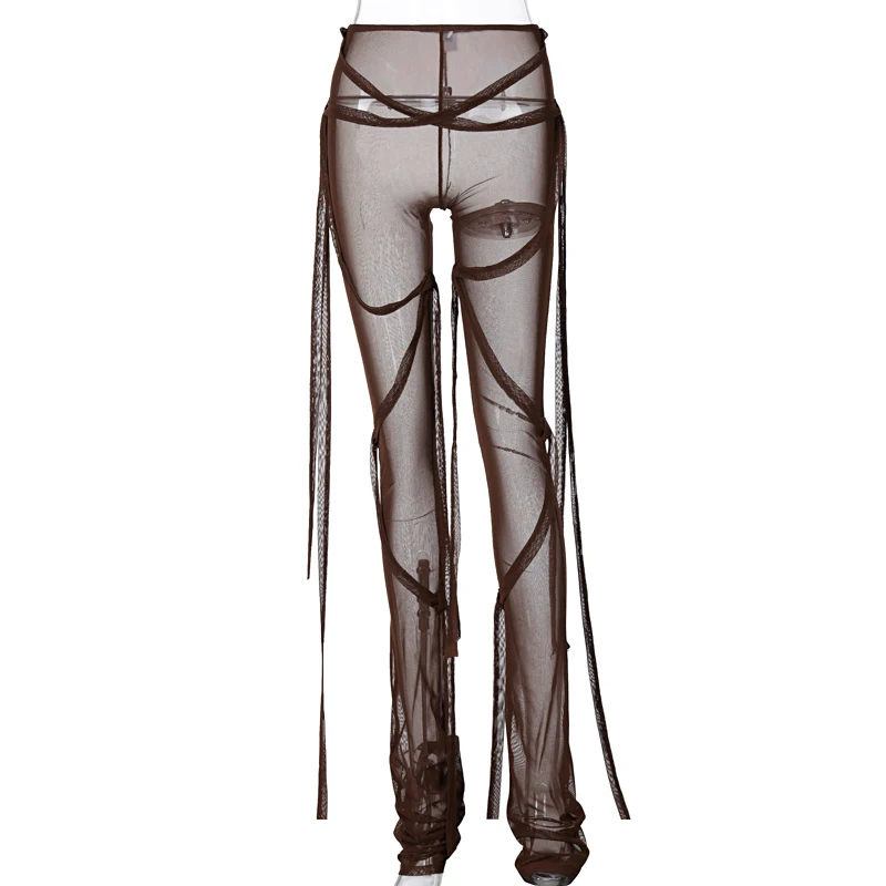 

Hugcitar 2020 High Waist Mesh See-Through Bandage Solid Pants Autumn Winter Women Fashion Sexy Outfits Trousers