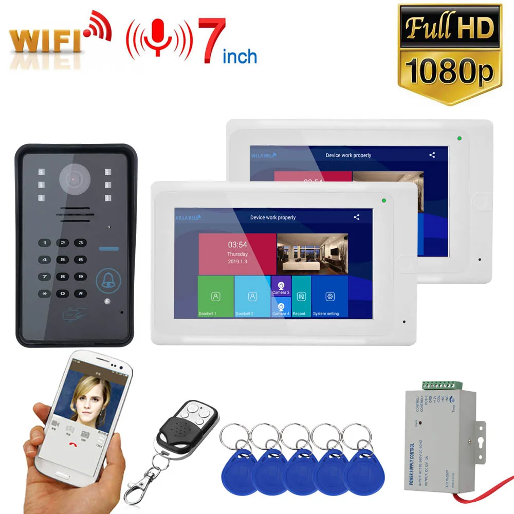 Видеодомофон 7 дюймов 2 монитора беспроводной Wi-Fi RFID 1080P | Безопасность и защита