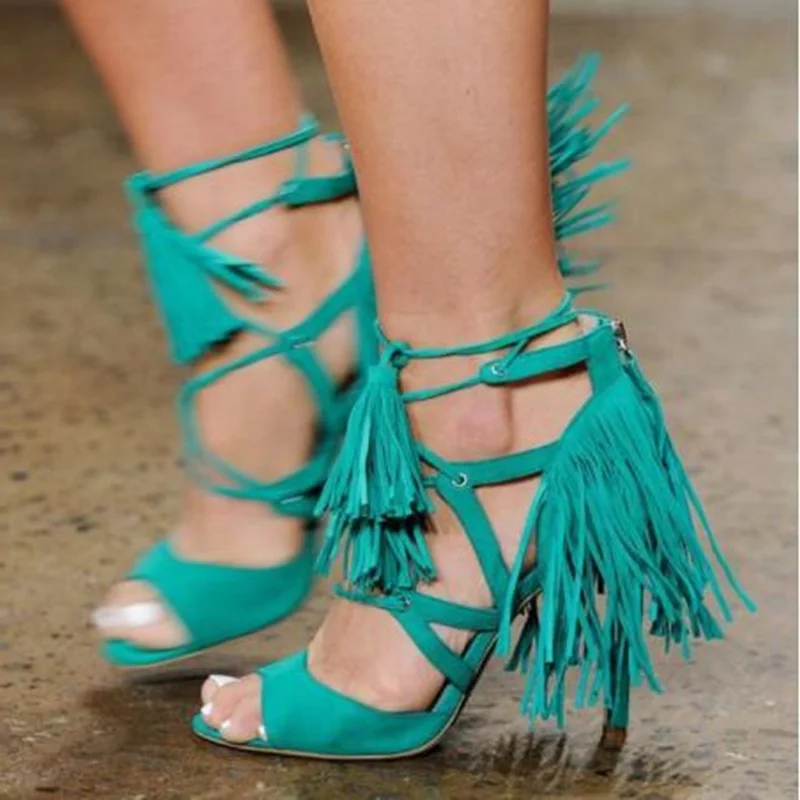 

Sexy Green Fringe High Heel Sandals Gladiator Heels Hollow Tassel Dress Shoes Women Cross Strap Cage Shoes Customized