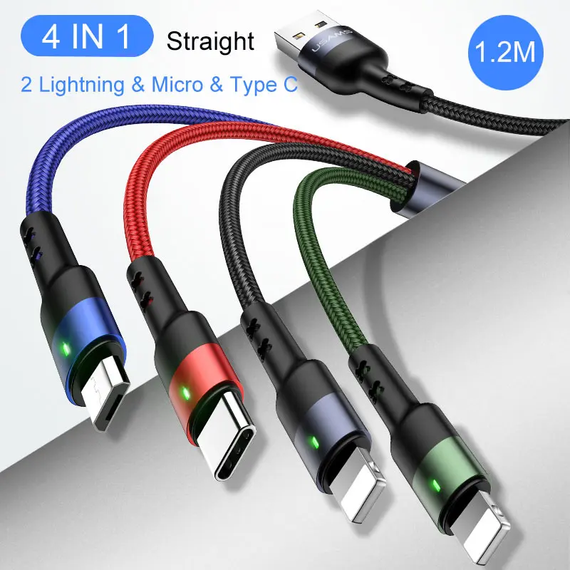 4 in 1 Straight 1.2M USAMS 3 в 1 Micro USB кабель 3A type C кабель для iPhone кабель USB C кабель для зарядки 4 в 1 шнуры для iPhone 6 6s 7 8 x xs samsung - Цвет: 4 in 1 Straight 1.2M